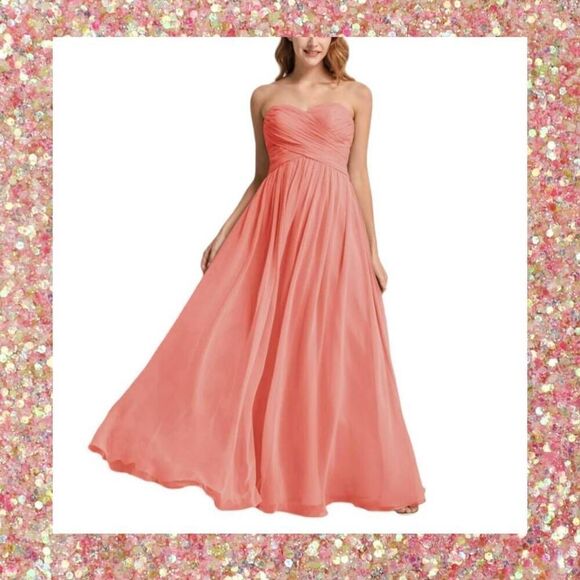 Gown Long Maxi Dress Formal Strapless A Line Peachy Chiffon Floor Length - Picture 1 of 11